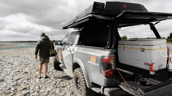 BushBuck Roof Top Tent Mounted to Utemaster Centurion Canopy Roof Rack Fishing Adventure Ute Tub
