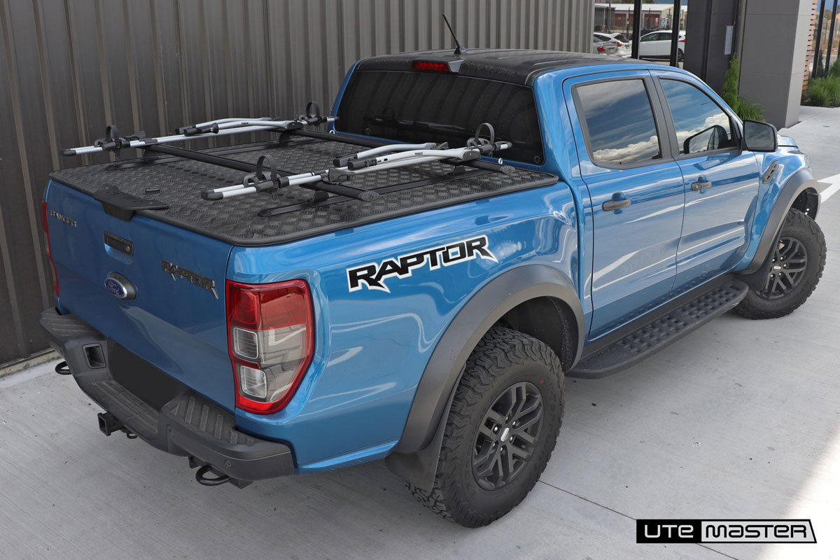 Ford Ranger Raptor Blue Utemaster Load Lid with T Track Cross Bars  Hard Lid Bike Racks