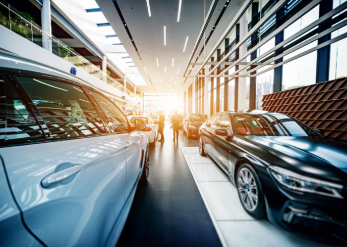 car yard sun sttraming in shiny cars