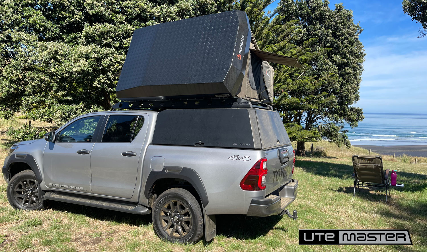 Utemaster Centurion Ute Canopy to suit Toyota Hilux Overlanding Camping AUS - Cantilever Roof Rack with Roof Top Tent Bushbuck